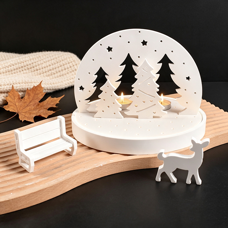Candle Making Design - クリスマスエルクティーライトキャンドルホルダーシリコンモールド、3Dレジンプラスタートレイモールドキット、DIY冬景色ランプベースクラフトツールセット