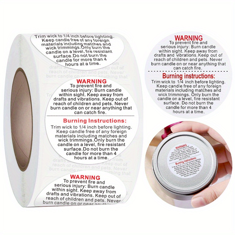 Candle Warning Label - 1ロール、500枚 キャンドル警告ラベルステッカー 香り付きキャンドル容器 安全な使用ヒント 自己粘着ラベル、ボックスシールステッカー