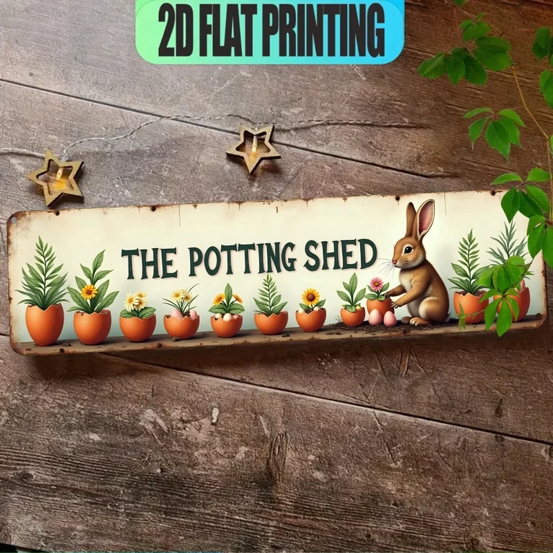 Pour Pot Aluminum - ヴィンテージ風2Dメタルフラットウォールパネル、ウサギと鉢植えの植物 - プレート装飾、家庭用ウサギの壁掛け飾り