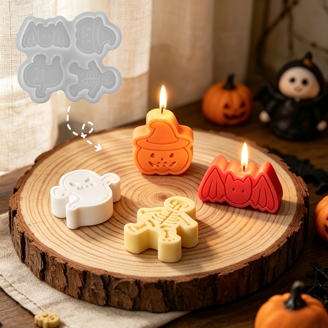 Candle Making Design - 4つの空洞を持つシリコン樹脂型セット。DIY粘土の幽霊、カボチャ、コウモリ、スカルキャンドル、ホリデークラフト用の石膏オーナメントに。