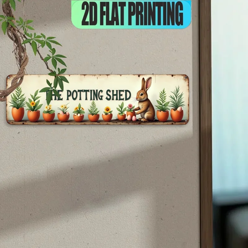 ヴィンテージ風2Dメタルフラットウォールパネル、ウサギと鉢植 - Pour Pot Aluminum のレビューと価格